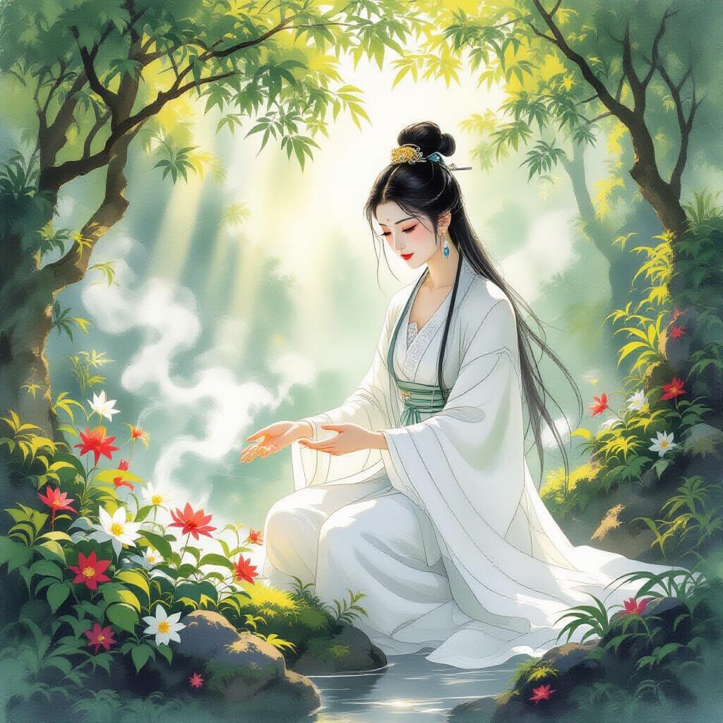 Kuan Yin in the forest working