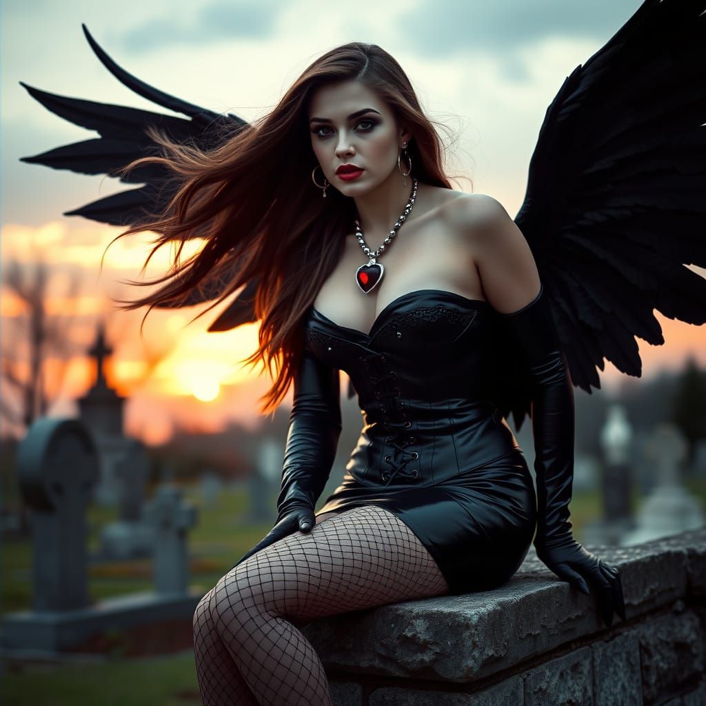 Gothic Goddess with Black Wings at Sunrise