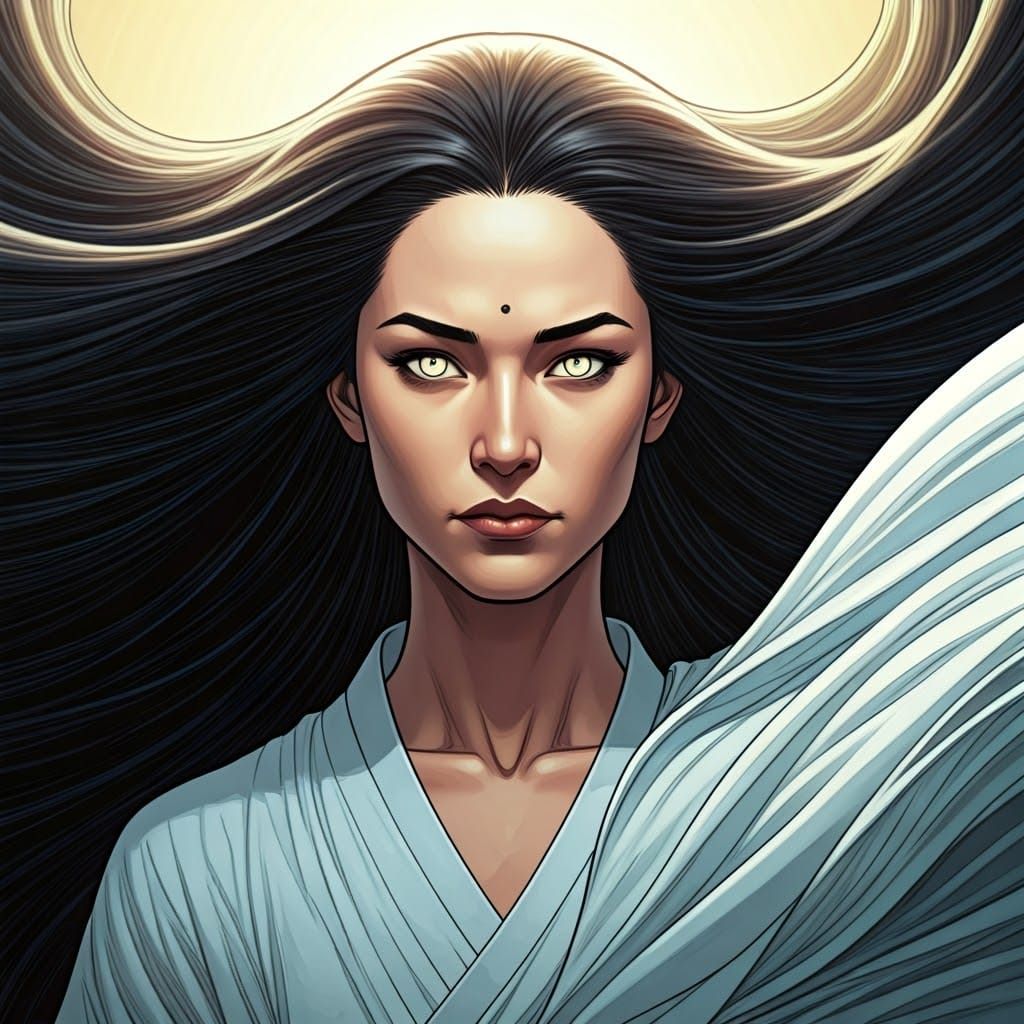 Serene Woman Surrounded by Divine Winds, Digital Art