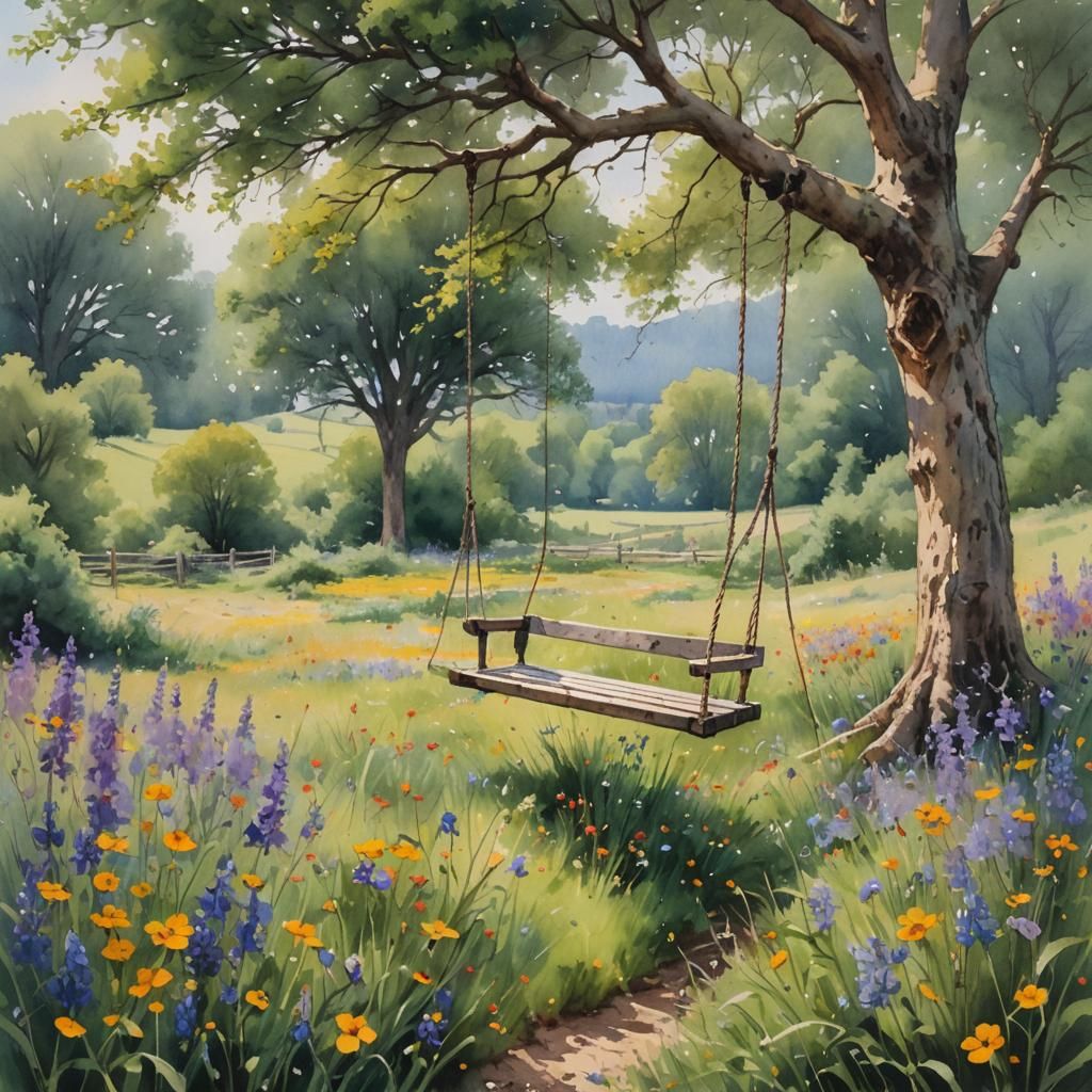 Watercolour Tree Swing in Wildflower Meadow