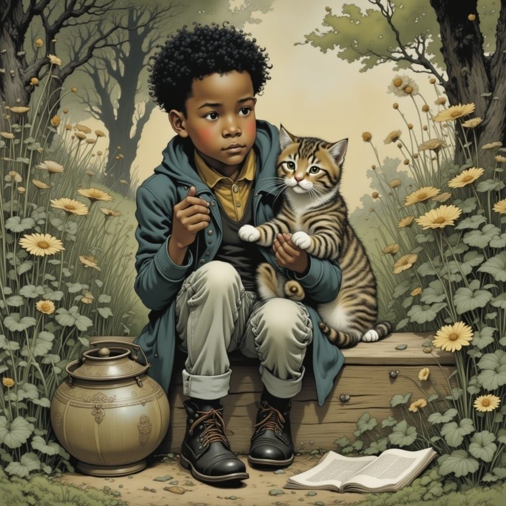 Whimsical Boy and Feline Friend in Enchanted Garden