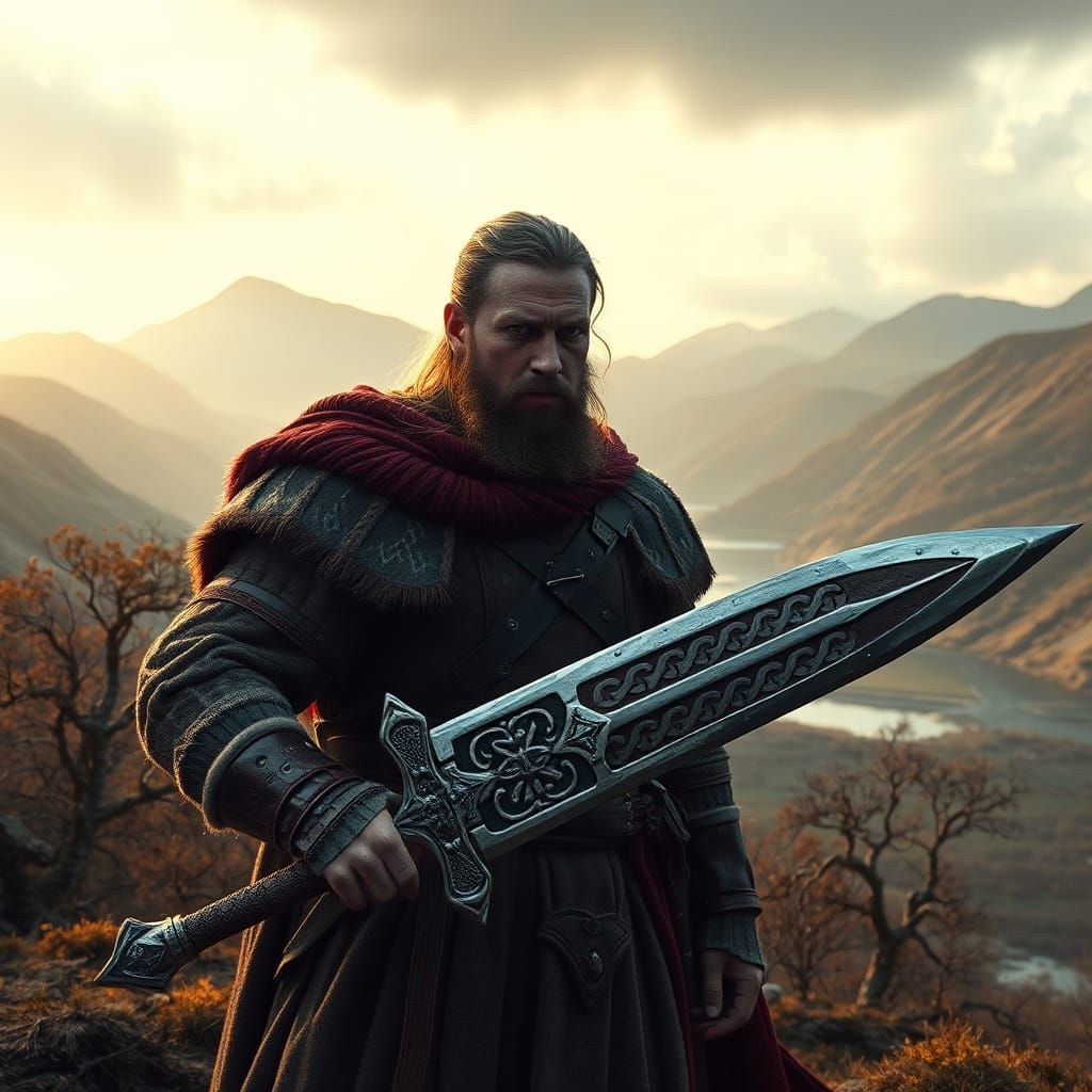 William Wallace with Claymore in Scottish Highlands