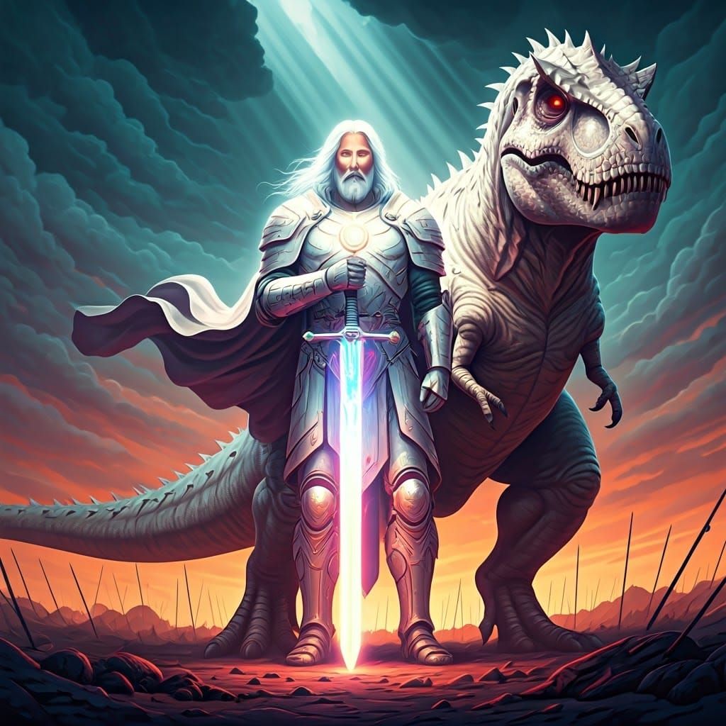 Jesus Christ, Warrior with T-Rex on Battlefield