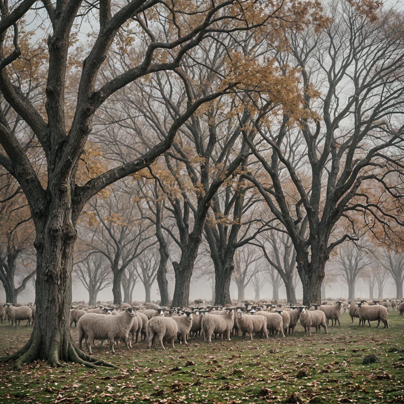 Sheep Under Autumn Trees: Cinematic Film Still