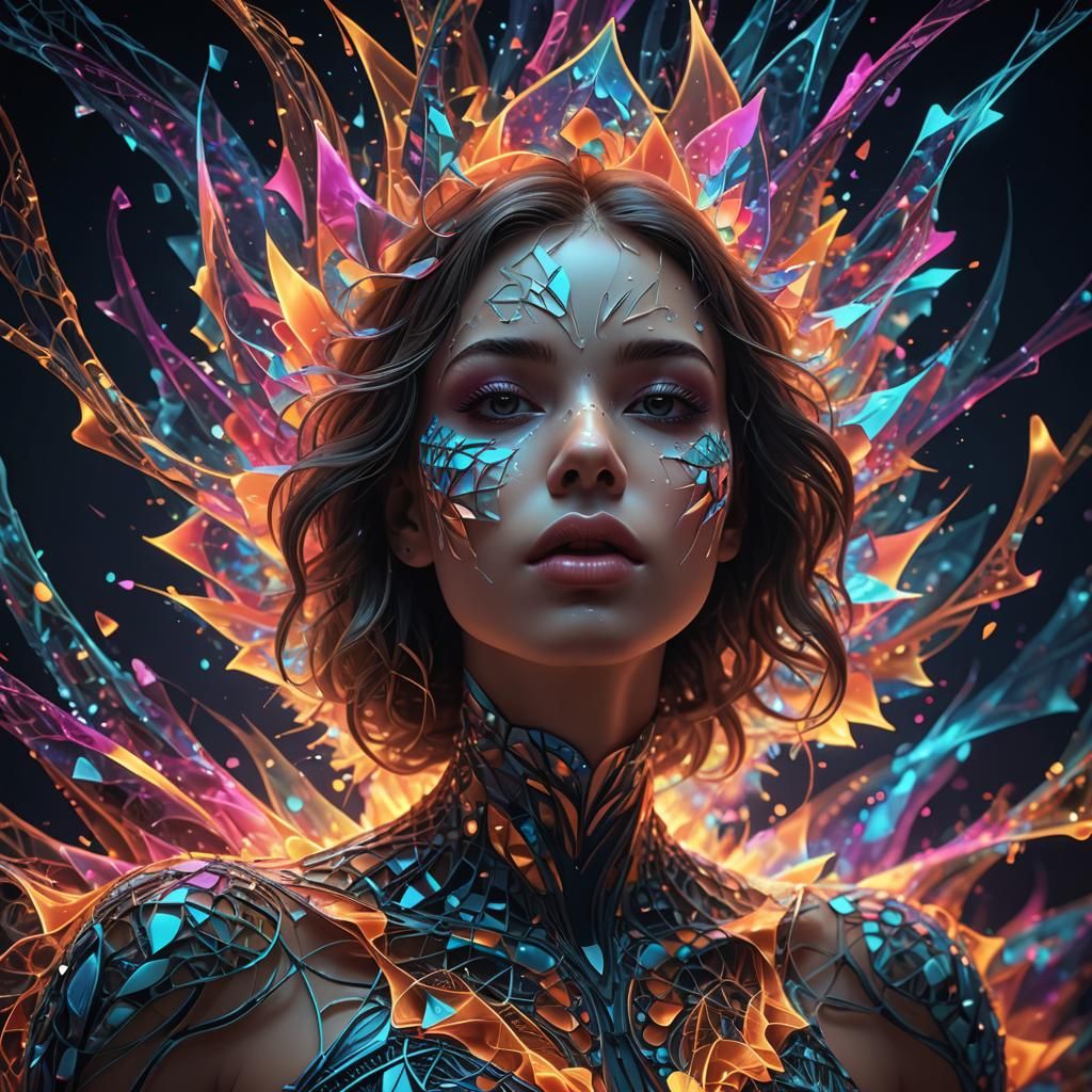 Disintegrating Lips with Neon Fractal Shards