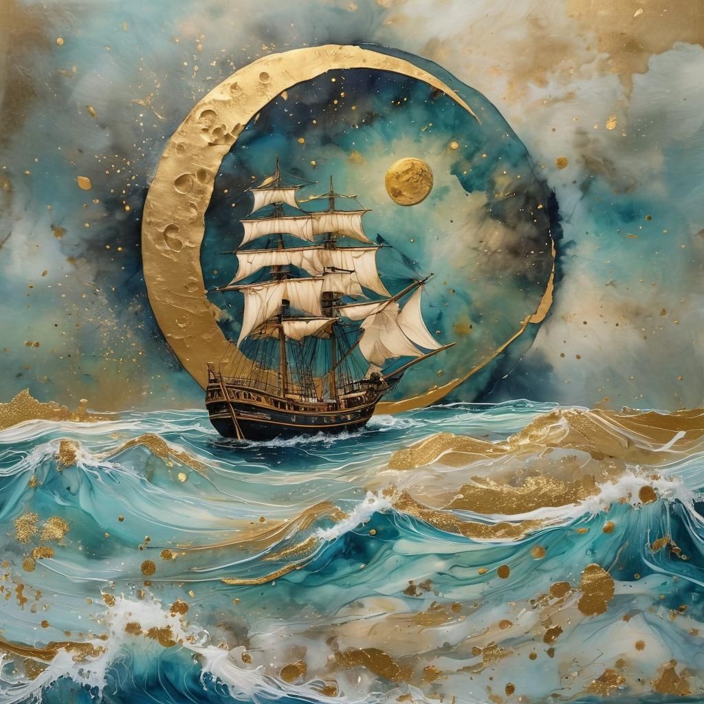 Ship Sails Under Moon in Alcohol-Ink Splatter Style