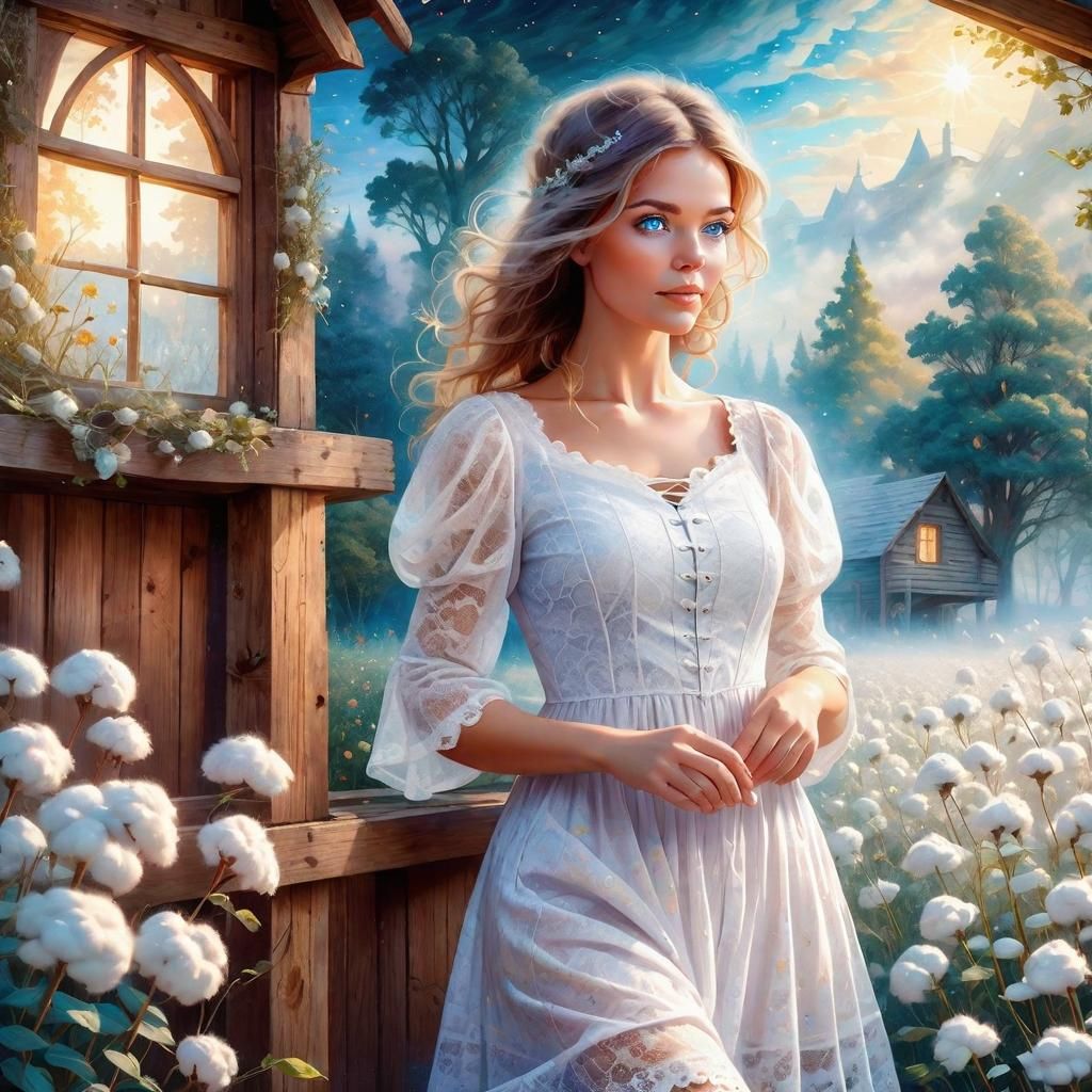 Ethereal Woman in Lace Dress in Cotton Field