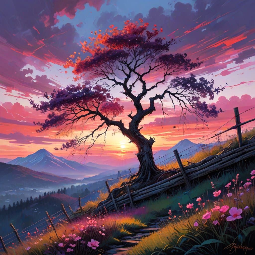 Impressionist Oil Painting of Hill Ridge at Misty Sunset