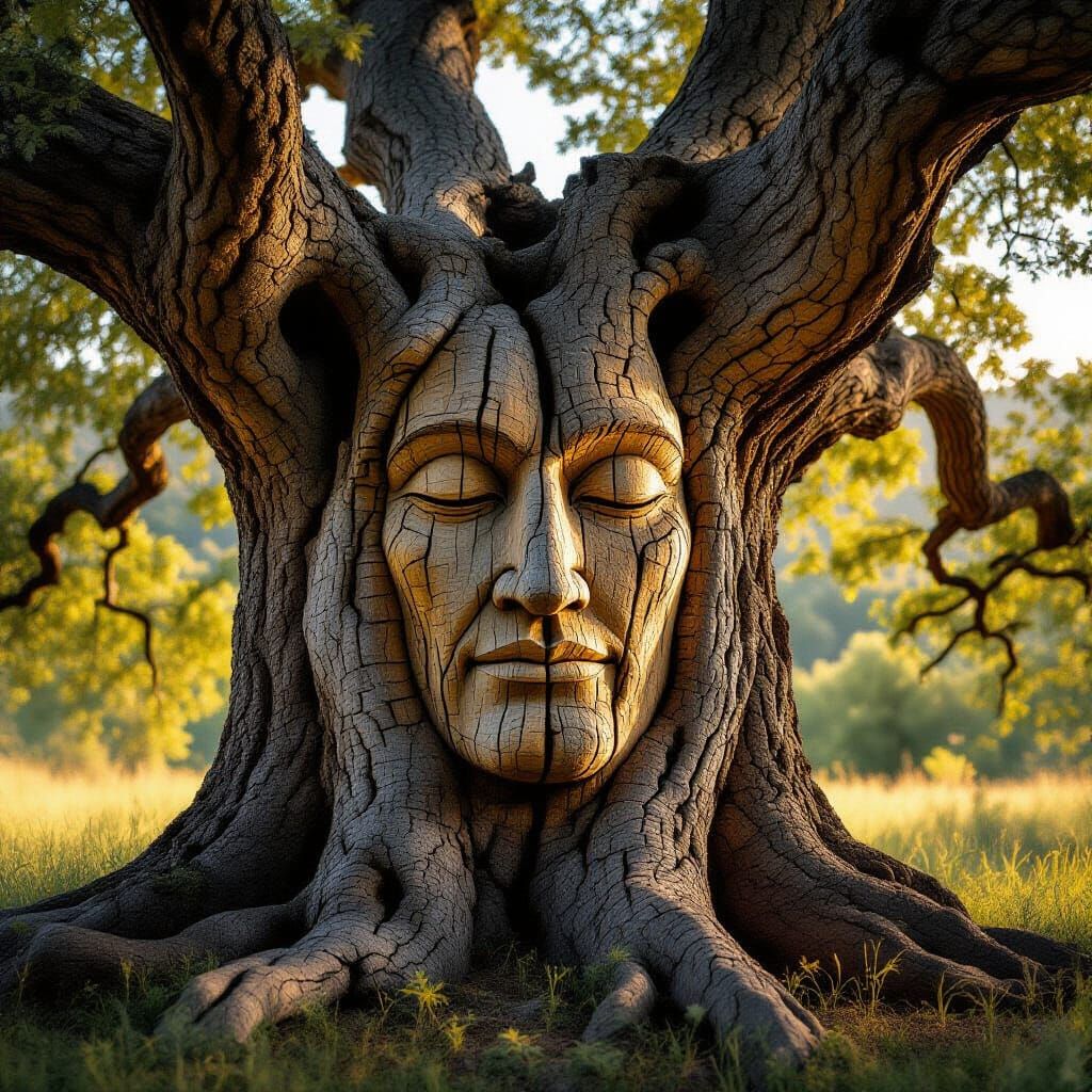 Ancient Tree Faces Carved in Bark Photography