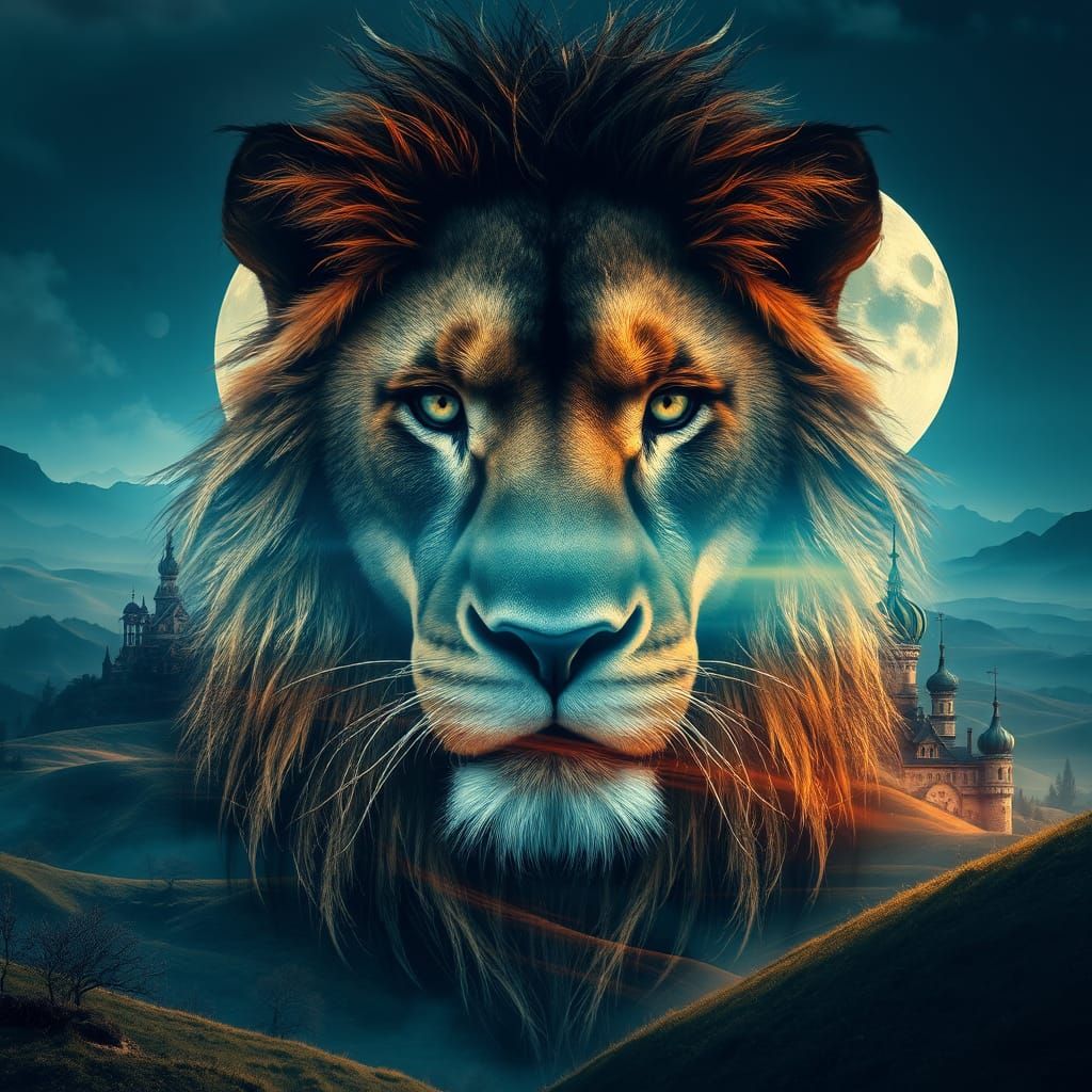 Surreal Lion Face with Dreamlike Landscape