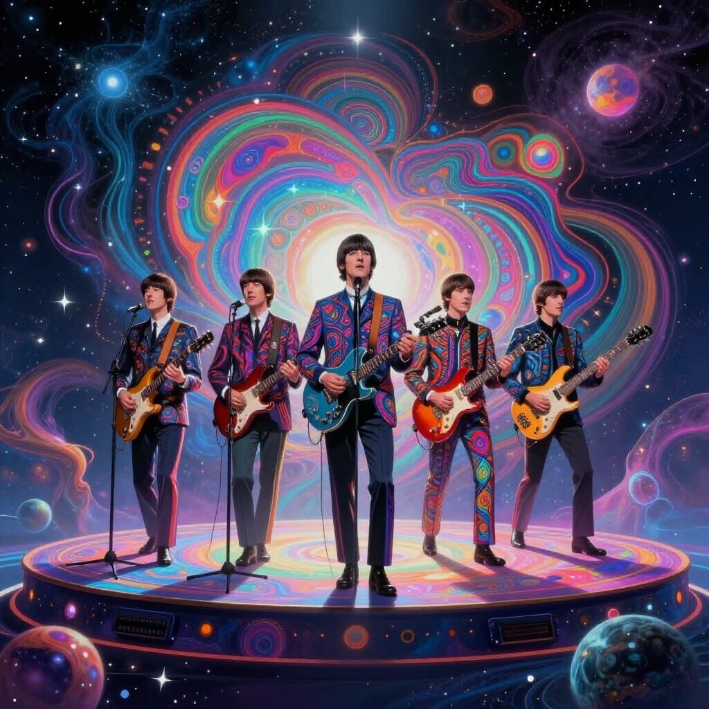 The Beatles on a Cosmic Stage Astral Illustration