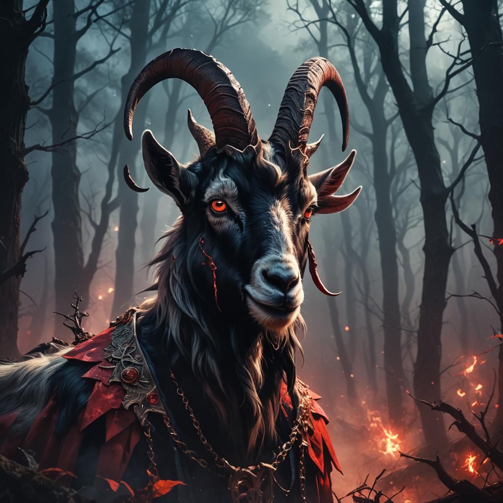 Eerie Goat as Devil in Dark Fantasy Woods
