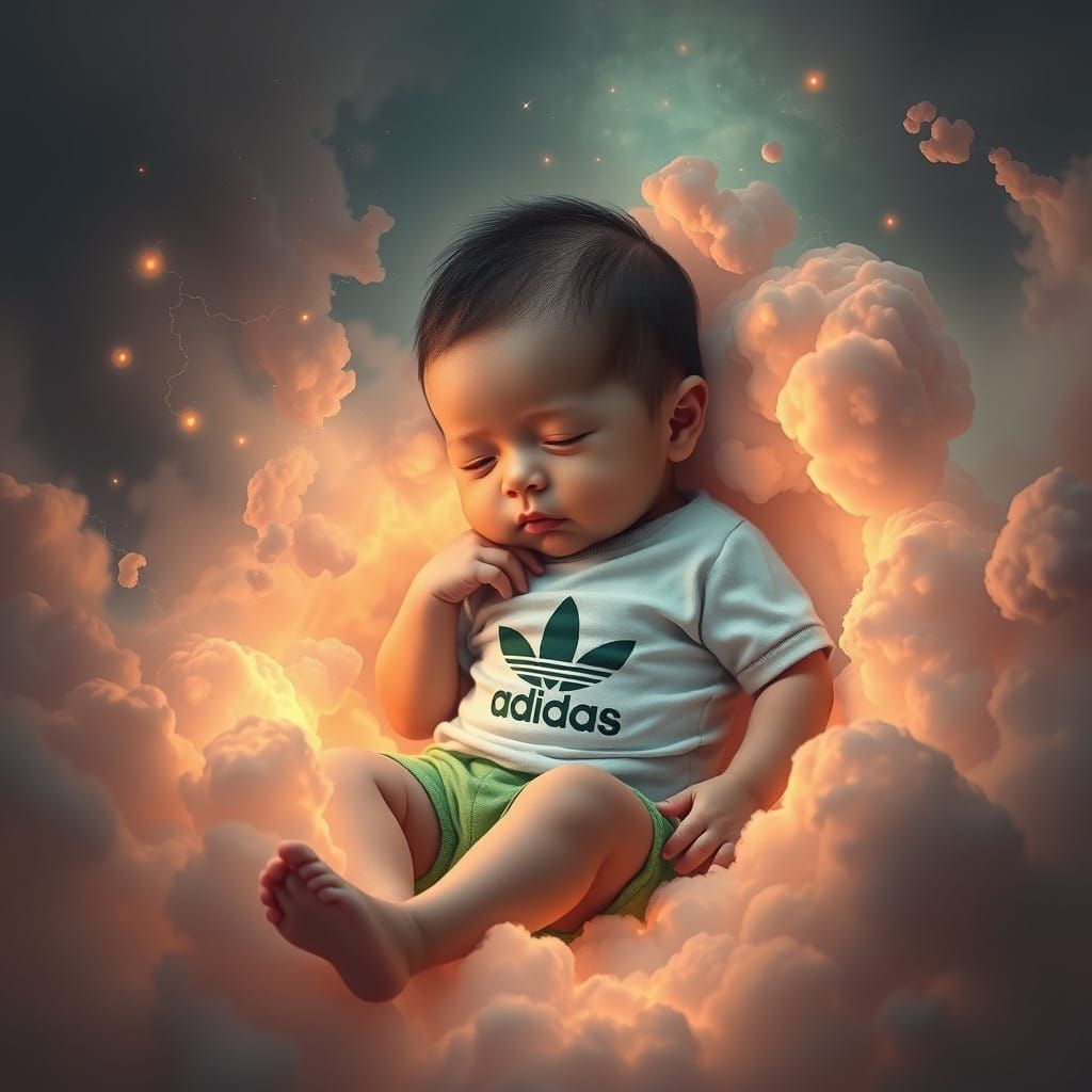 Surreal Newborn in Whimsical Nebula Landscape with Adidas On...