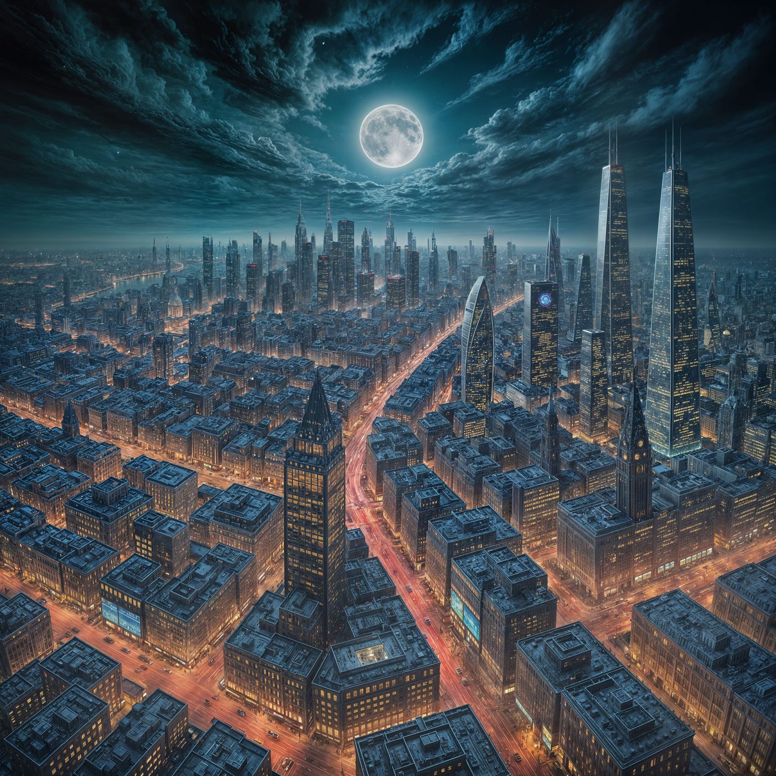 Futuristic Cityscape at Night in Oil Painting Style