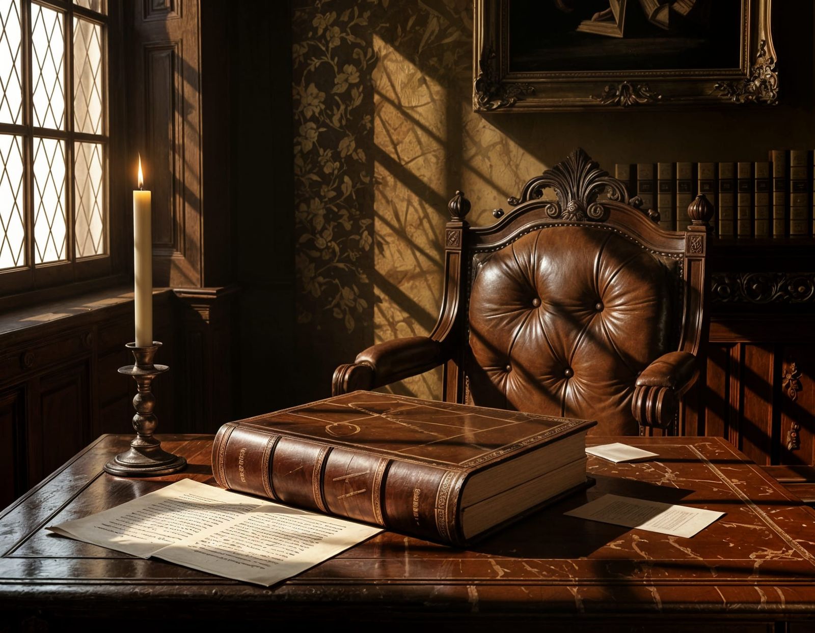 Ancient Tome Illuminated by Candlelight, Baroque Style