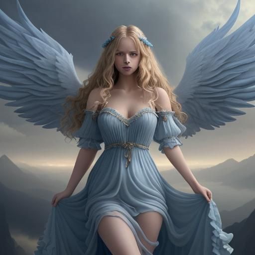 Beautiful woman Angel with blue eyes and long wavy blonde hair wearing soft feminine chiffon dress with frill standing i...