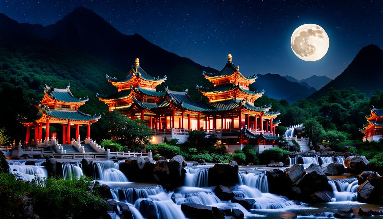 Chinese Temple in Spring Under Moonlight