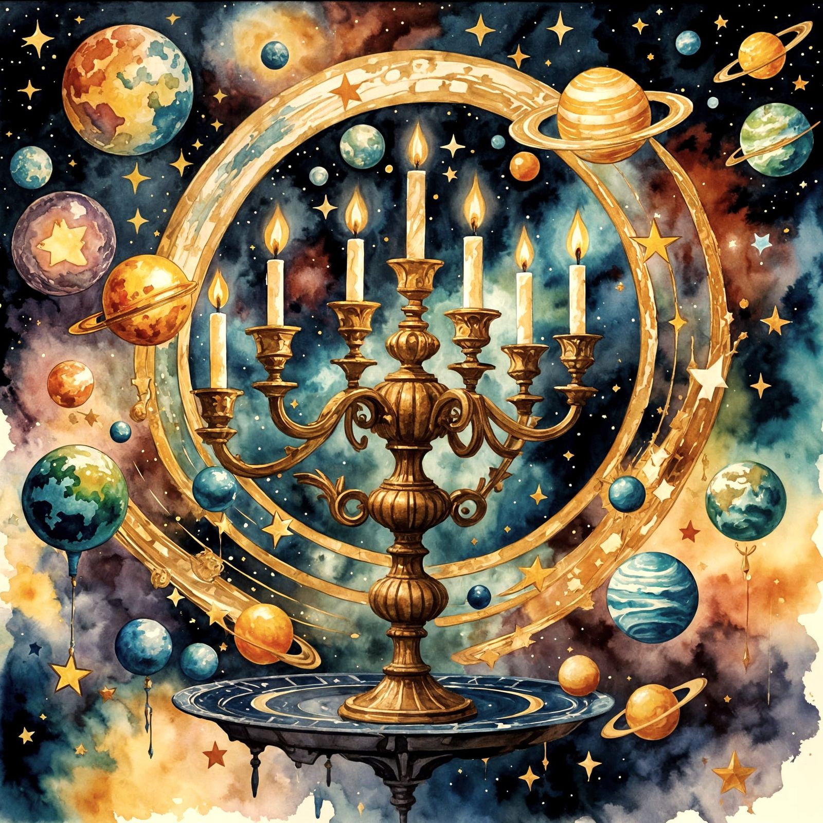 Candelabra in Space: Gouache Style Impressionist Art