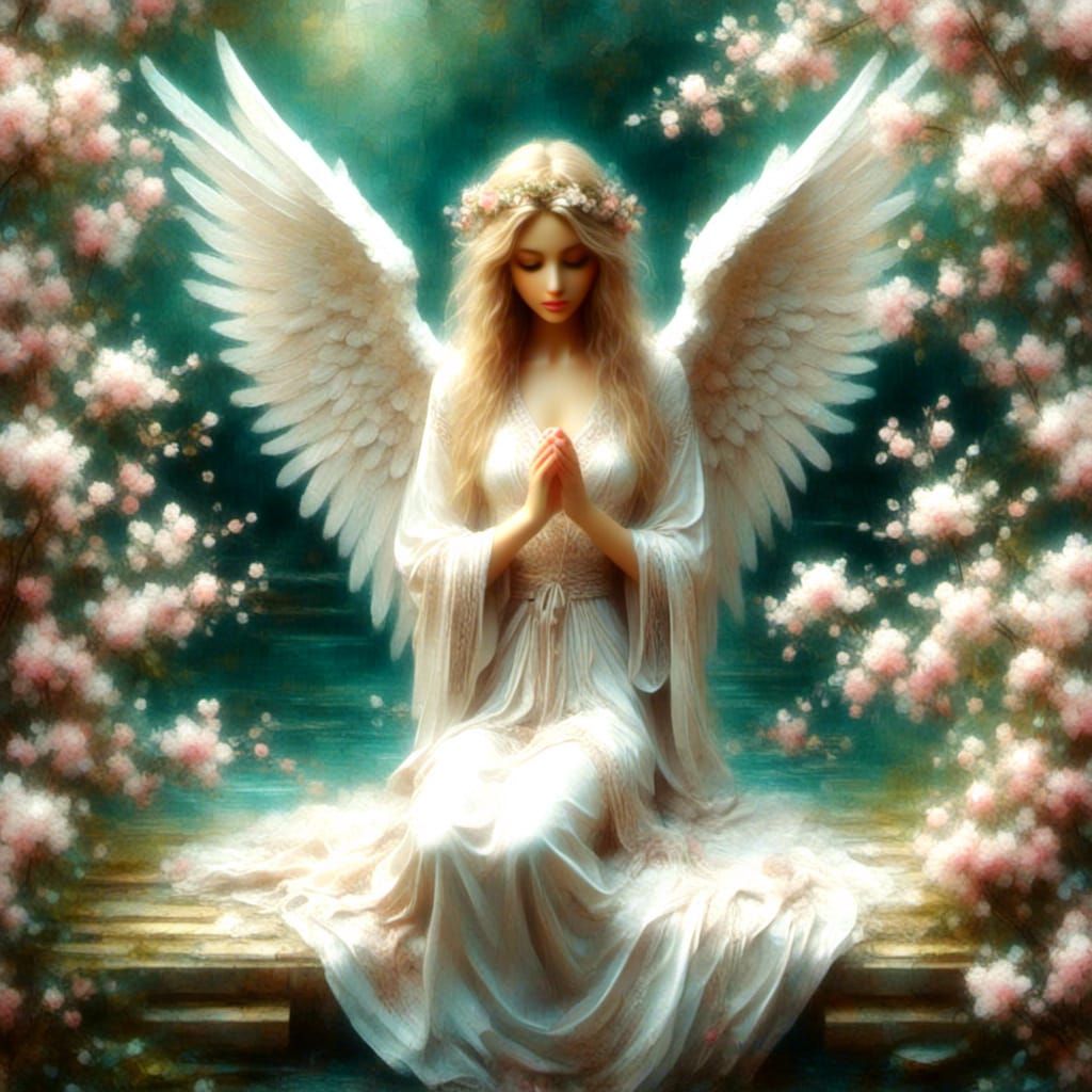 Angel Kneeling in Prayer with Cherry Blossoms