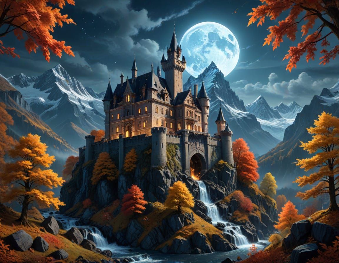 Epic Castle in Swiss Alps Under Full Moon
