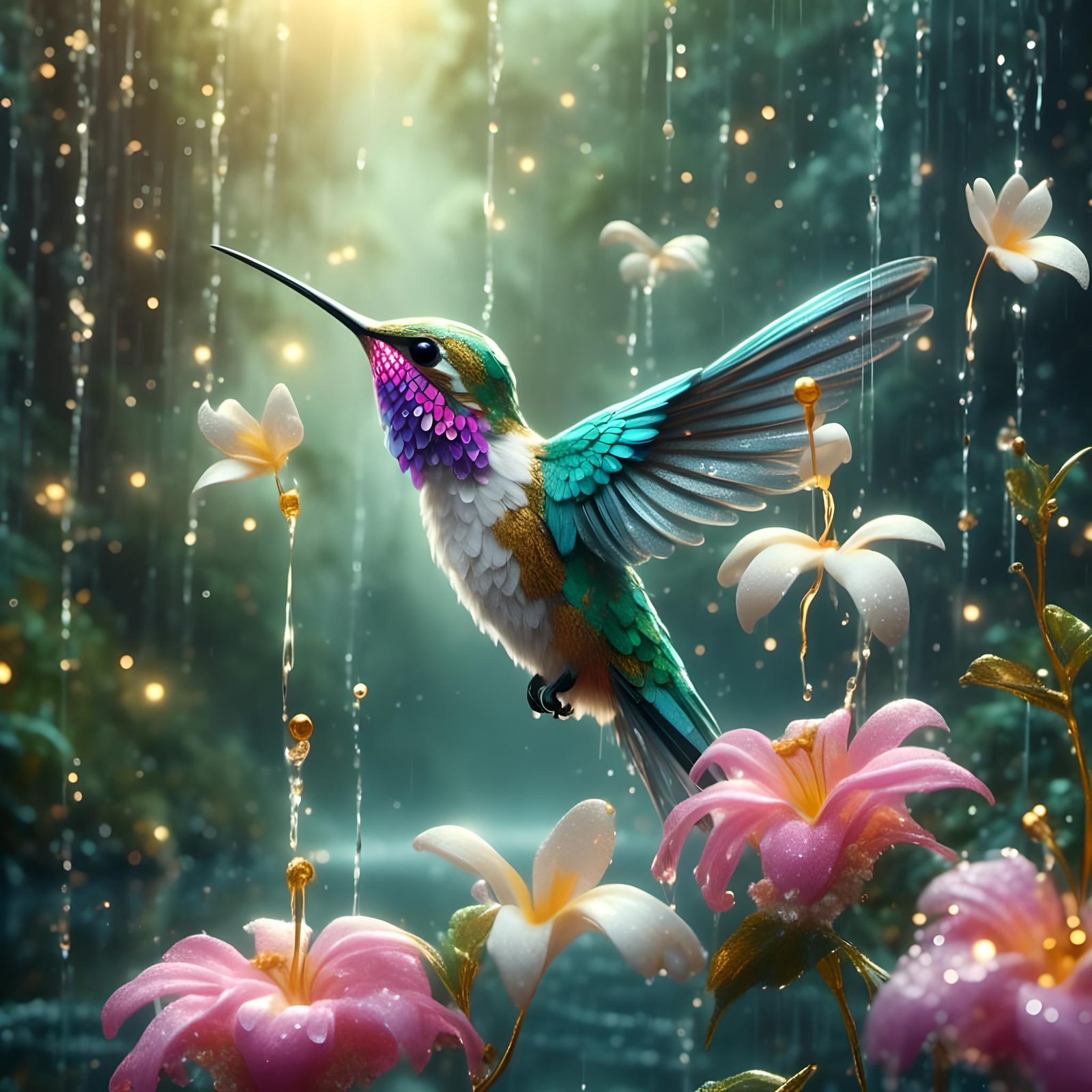 Hummingbird in Enchanted Forest: Hyperrealistic Concept Art