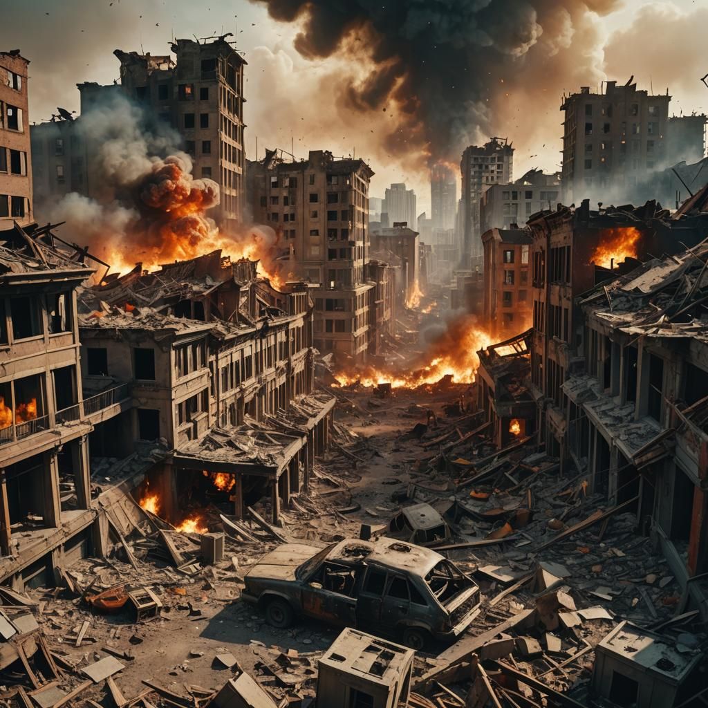 Apocalyptic Cityscape Explosion: Cinematic Film Still