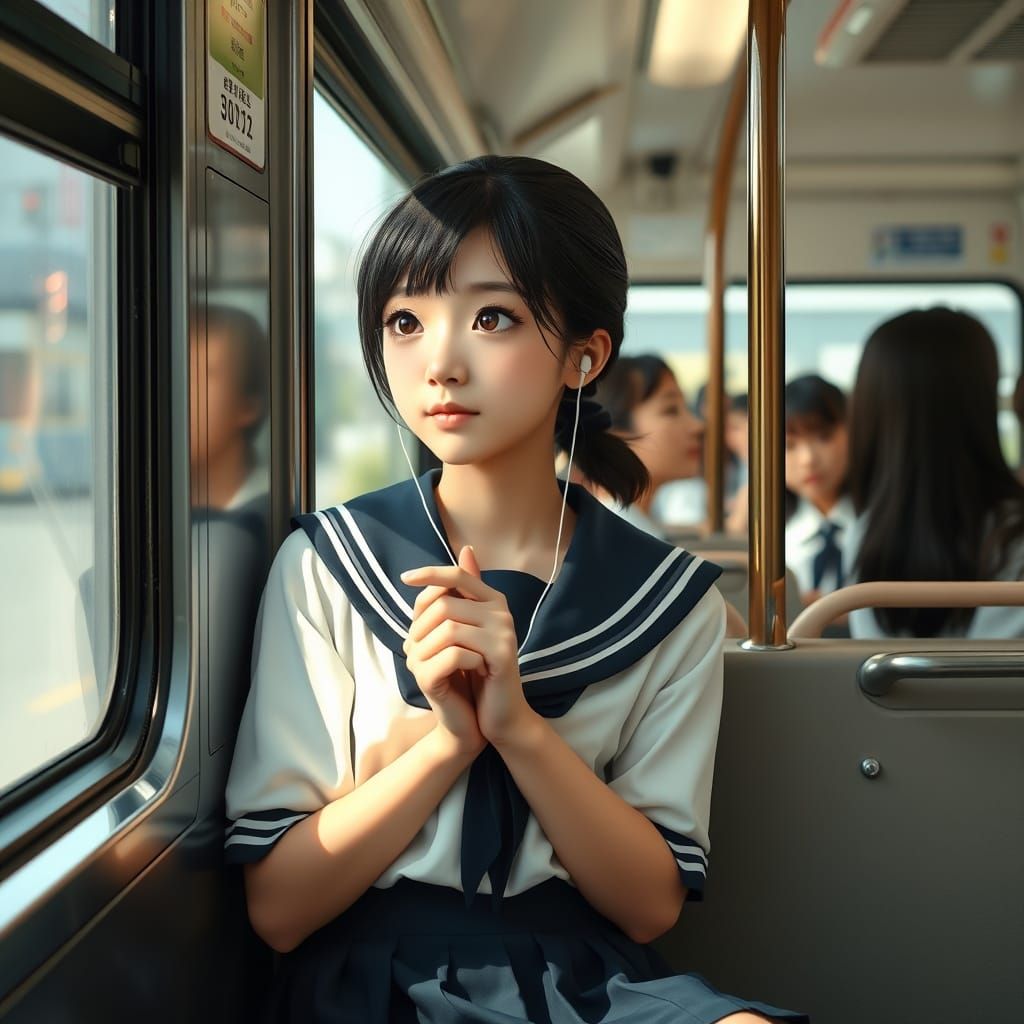 Japanese Schoolgirl on Bus in Realistic Anime Style