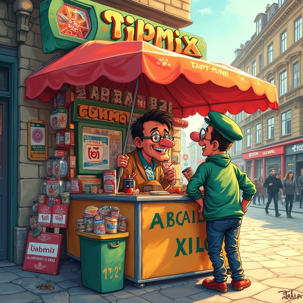 Hungarian Lottery Vendor in Vibrant City Scene