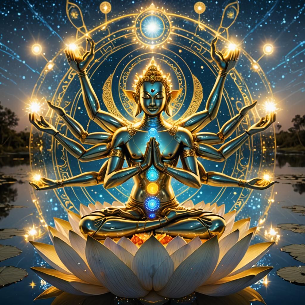 Cybernetic Deity in Lotus with Starry Reflection