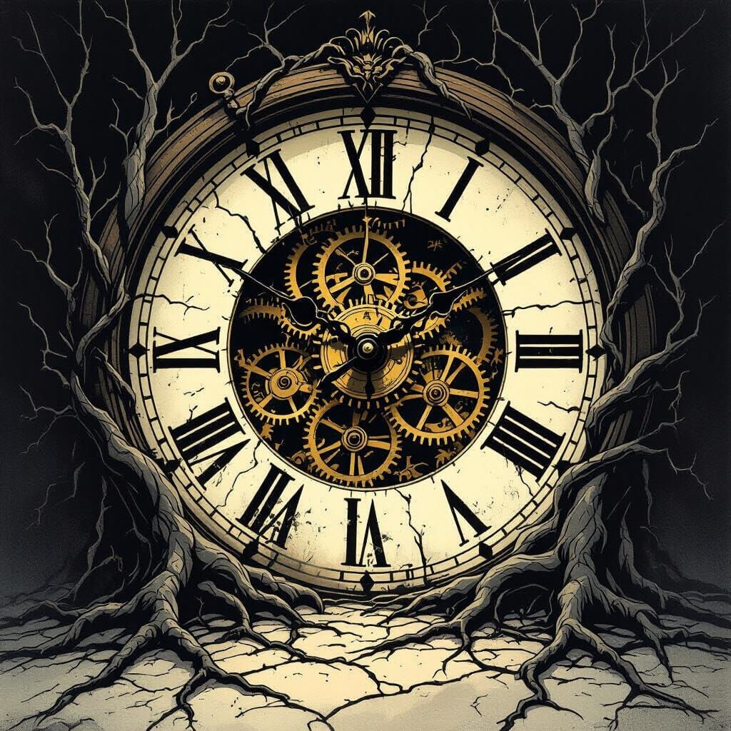 Ominous Clock Overrun by Gnarled Roots in Chiaroscuro