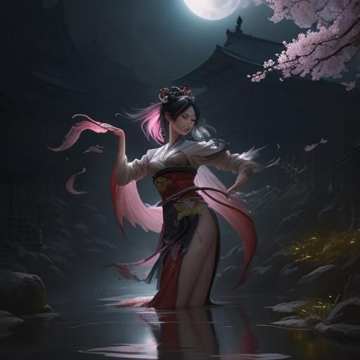 Geisha Dancing Under Moonlit Cherry Blossoms