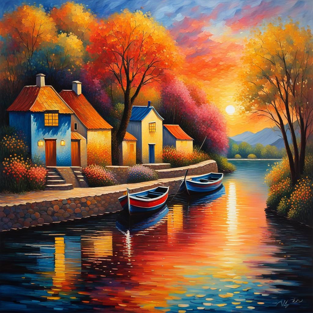 Enchanting Twilight Village: A Watercolour Illustration