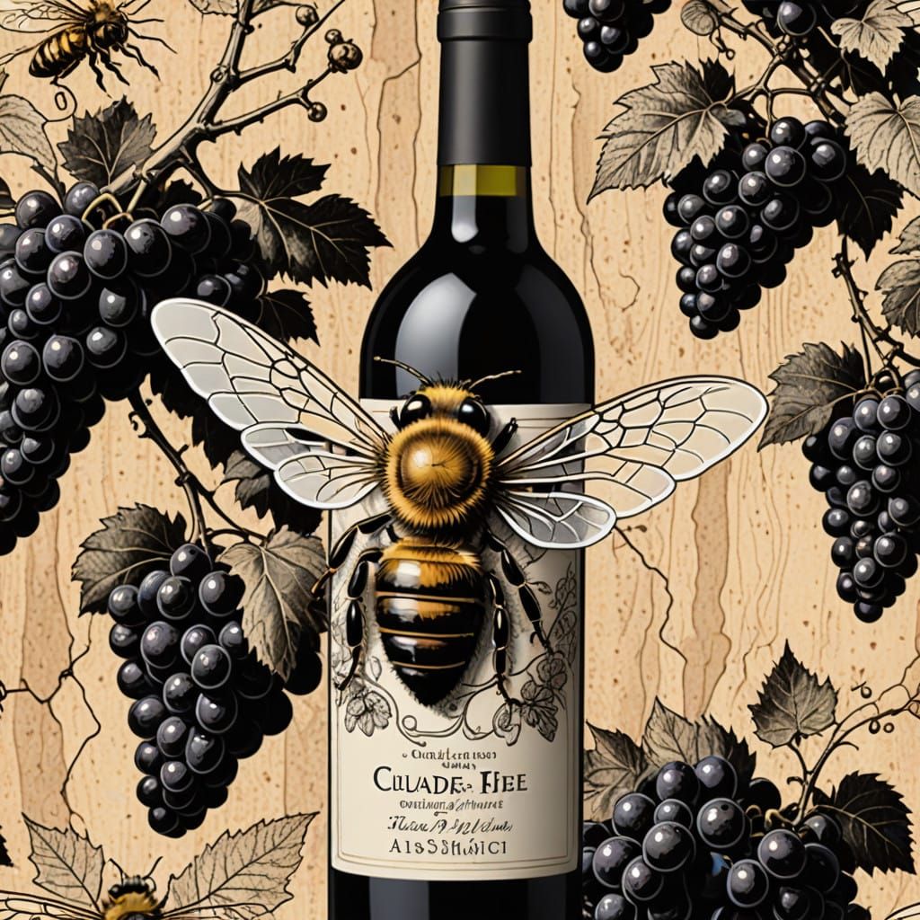 Monet-Inspired Black and White Sketch of a Honey Bee on Vint...