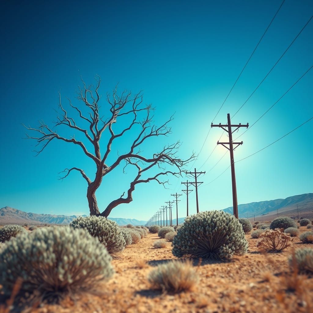 Surreal Desert Landscape with Telephone Poles