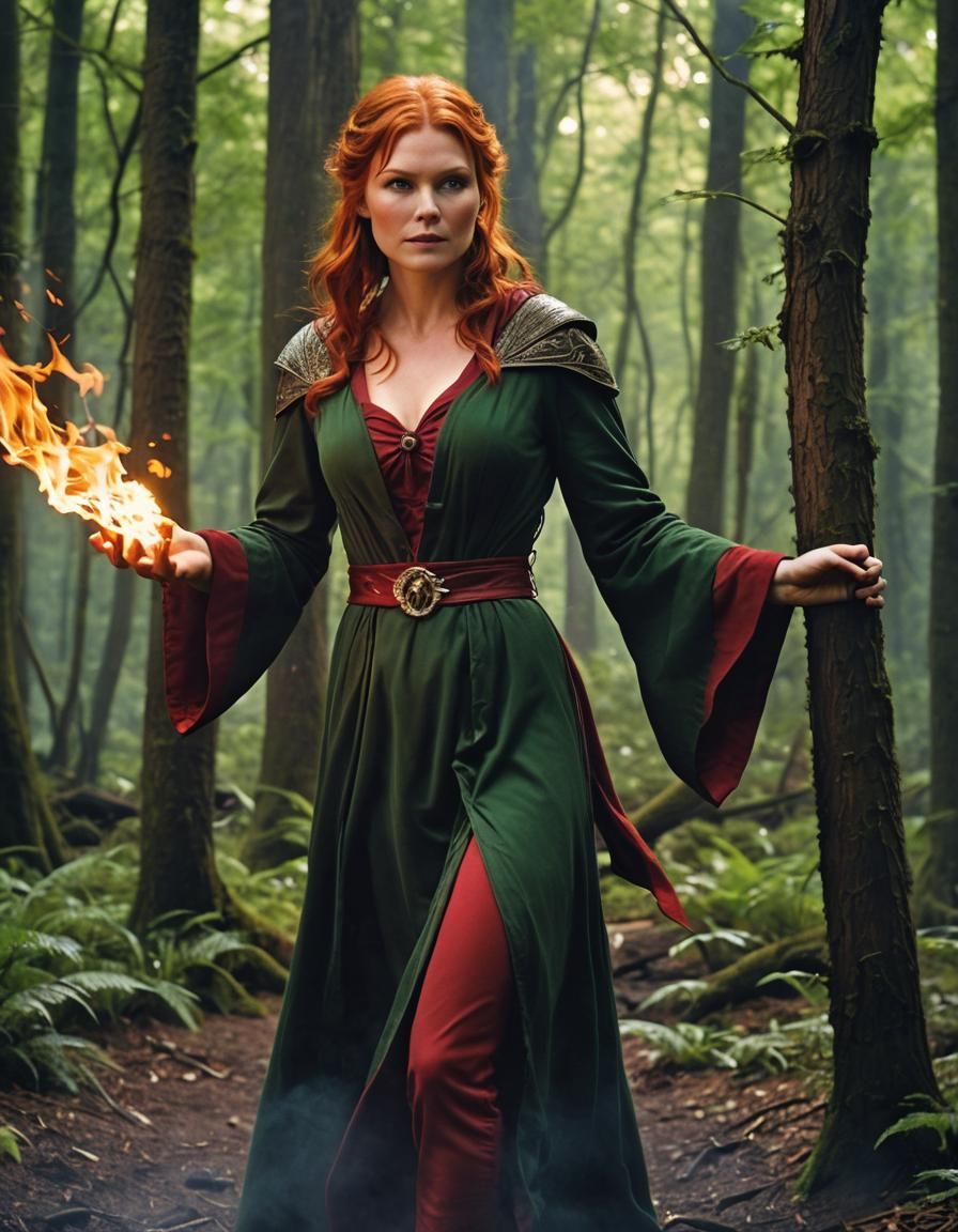 A Female with Flame Red-haired and deep Green eyes as a Fire...