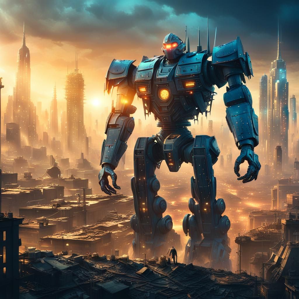 Giant Robot Dominates Dystopian Cityscape