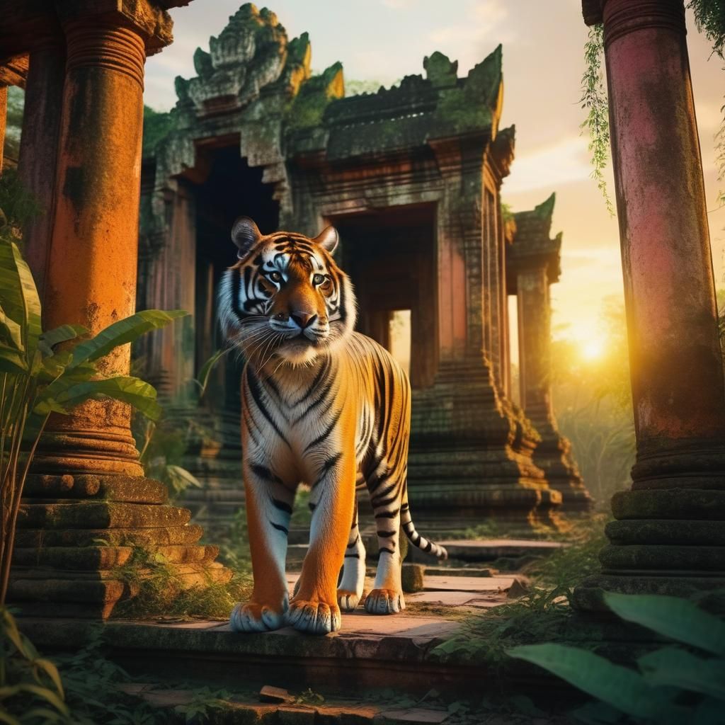 Tiger Strolls Through Ancient Temple Ruins