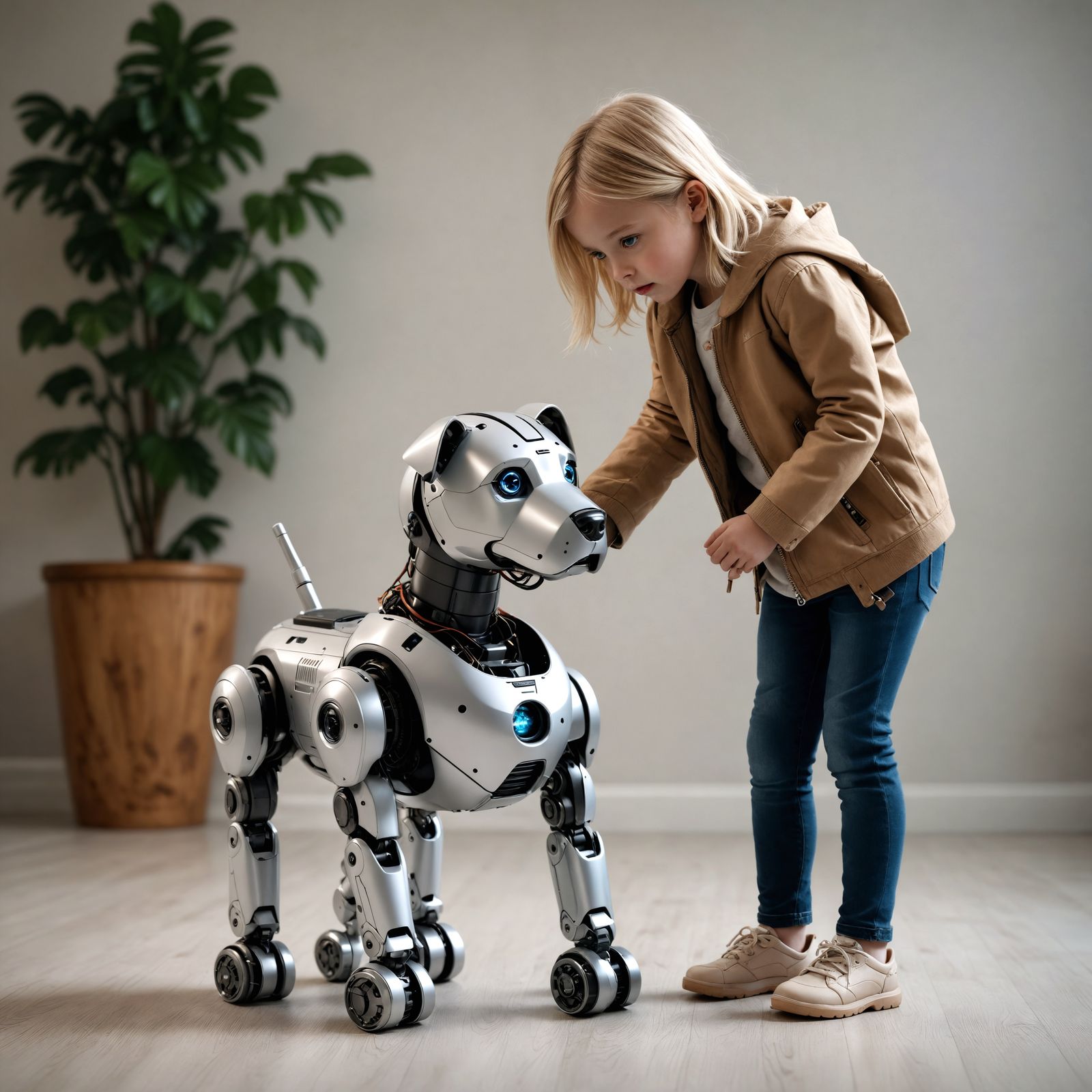 Cinematic Robot Dog and Young Girl in a Hyperrealistic Scene
