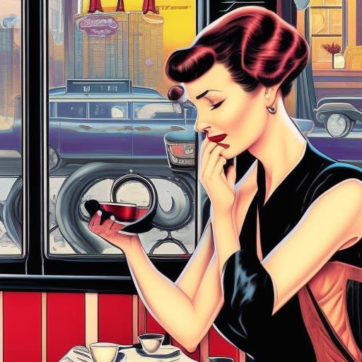 Noir Woman Sipping Tea in 1950s Diner