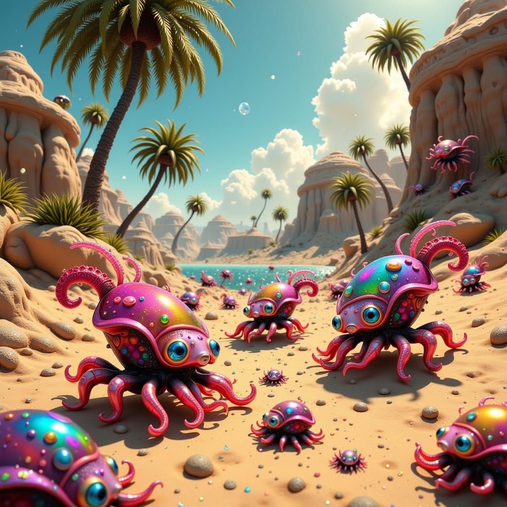 Whimsical Spider-Octopi Frolic in Enchanted Desert Oasis