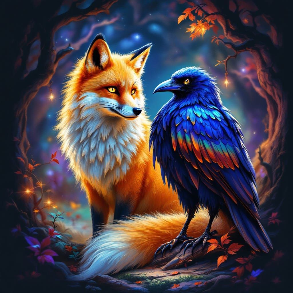 Fox and Raven in Mystical Forest, Fantasy Art