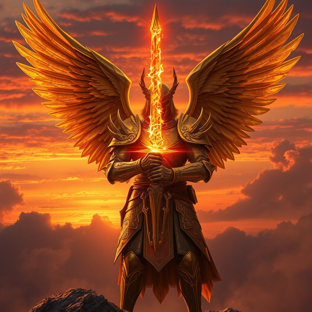 Golden Archangel with Flaming Sword at Sunset