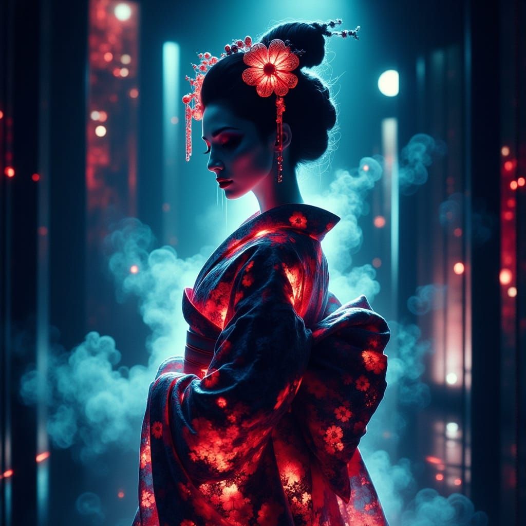 Cyberpunk Geisha in Radiant Neon Kimono