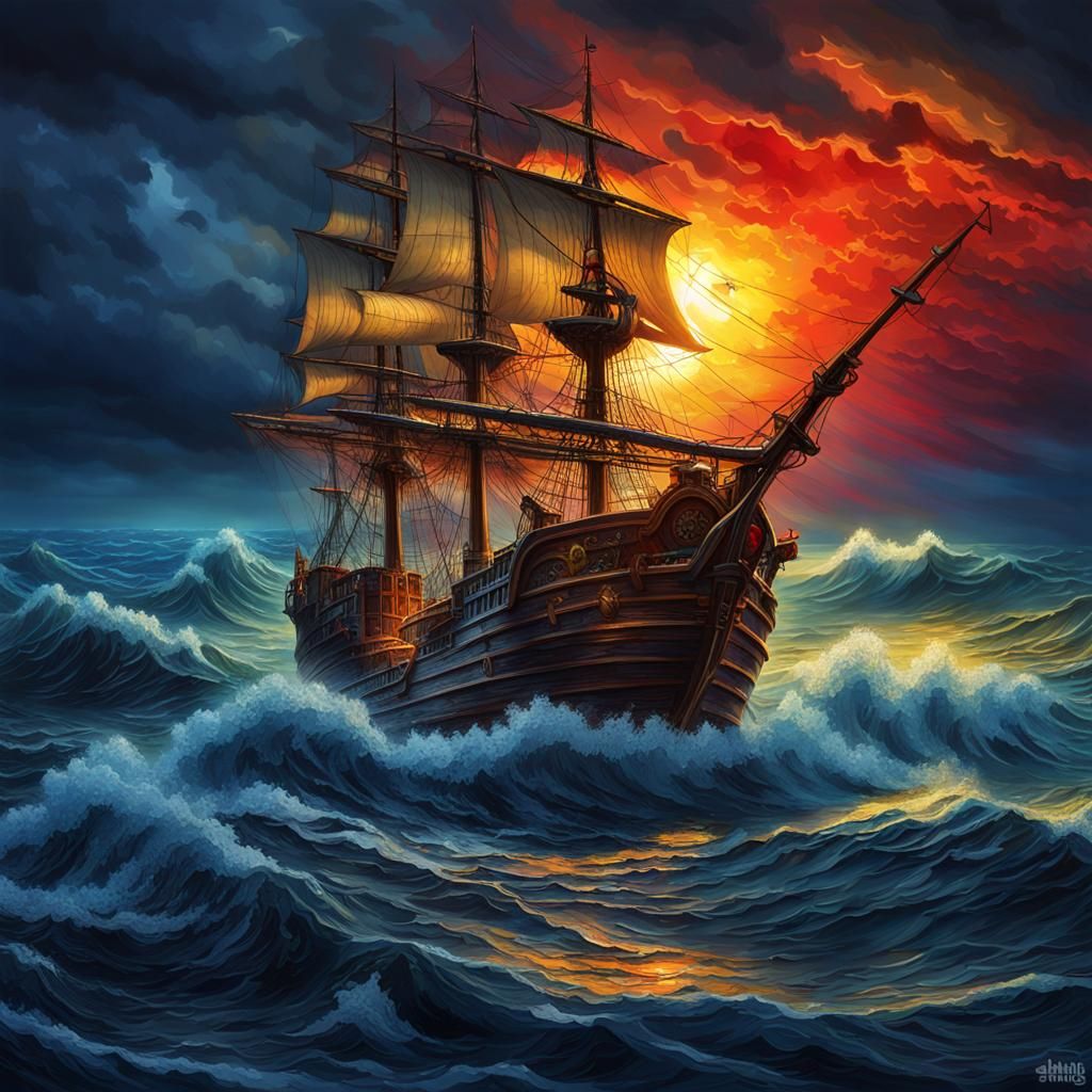 Pirate Ship Amidst Stormy Sunset Seas
