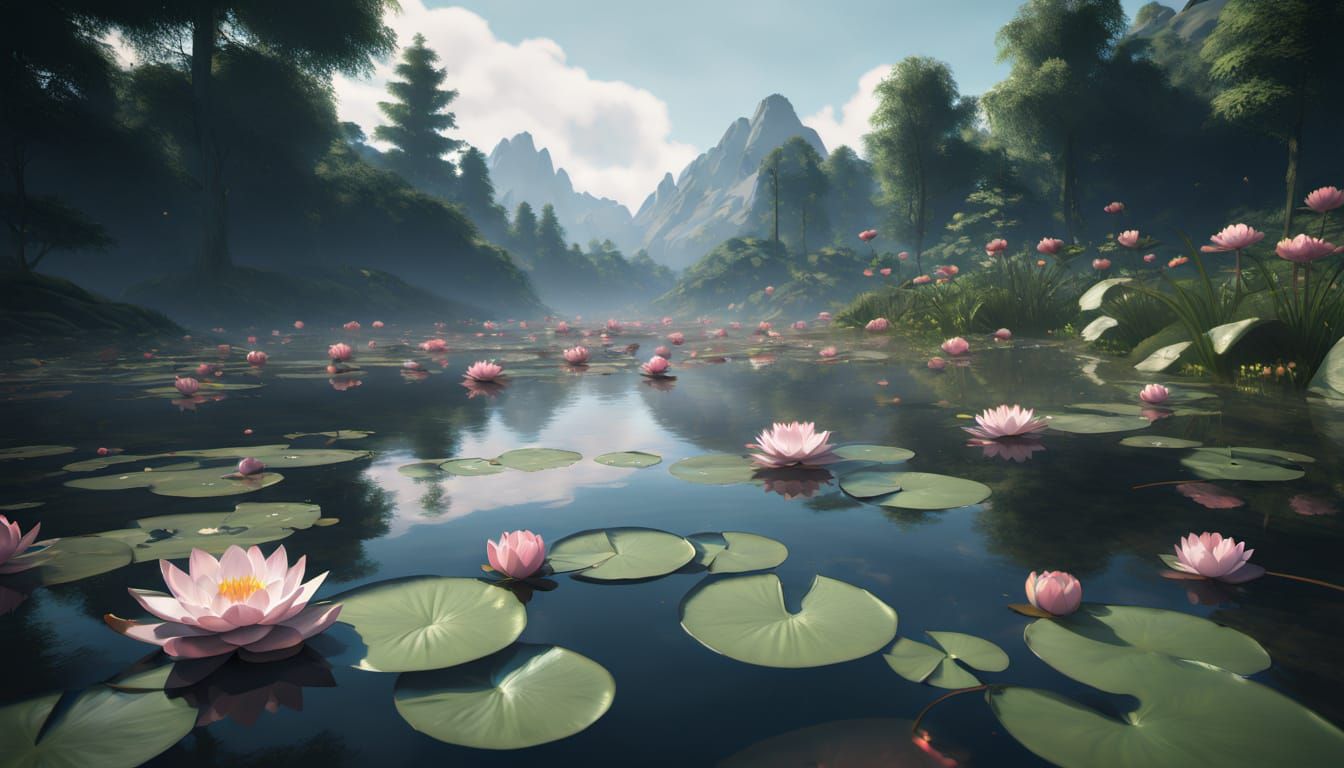 Ethereal Water Lilies in Cinematic Dreamscapes