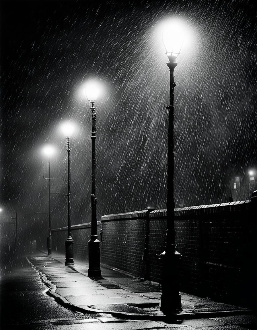 Monochrome Street Lamp in Heavy Rain at Night