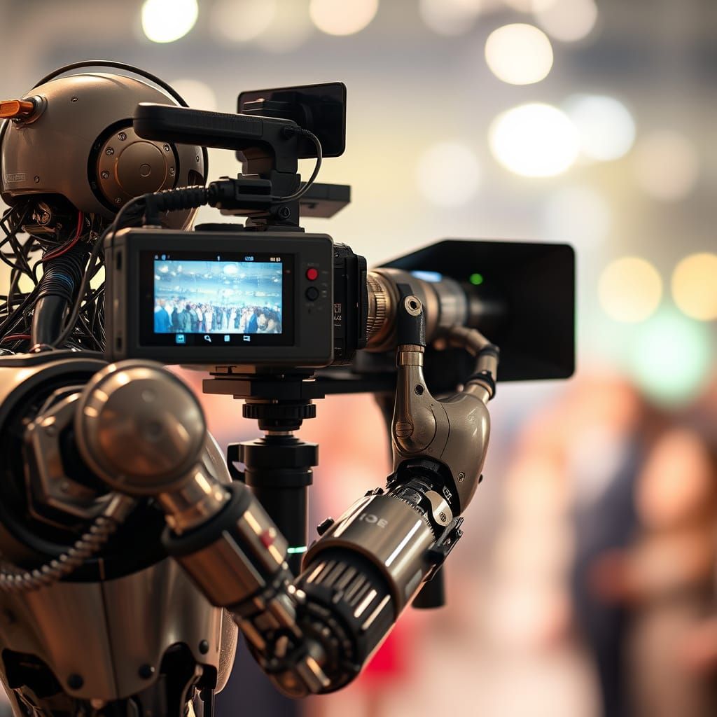 Futuristic Robot Operates Professional Camera in a Lively Fi...
