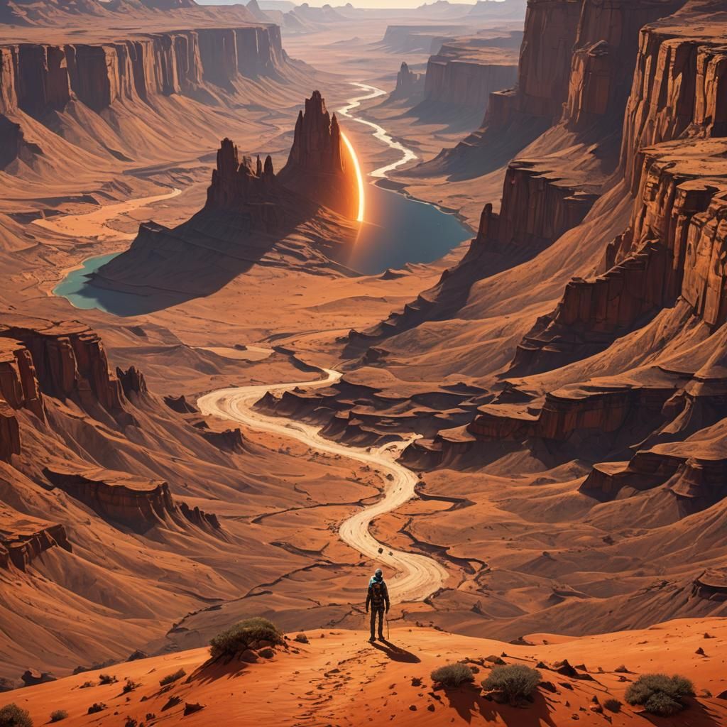 Man in Desert with Orange Planet: Space Art