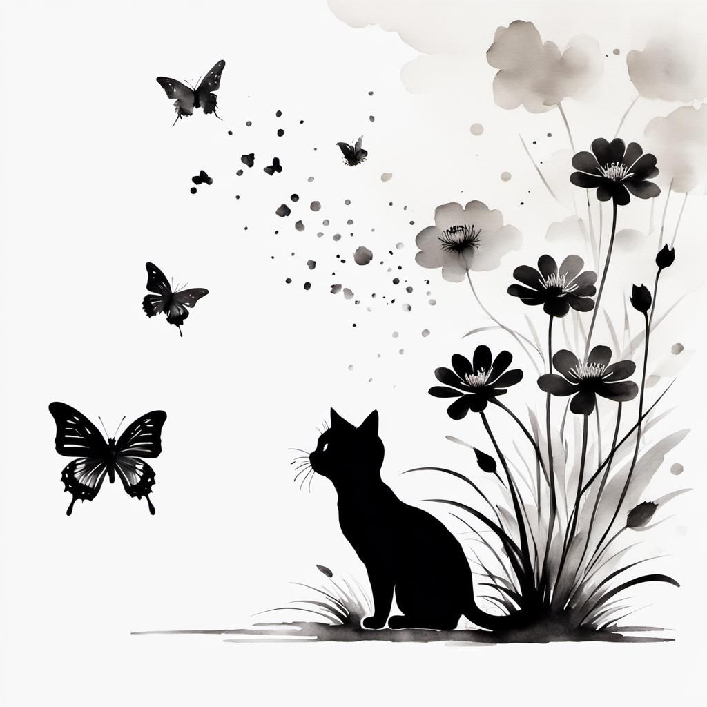 Minimalist Ink Painting of Cat with Butterfly