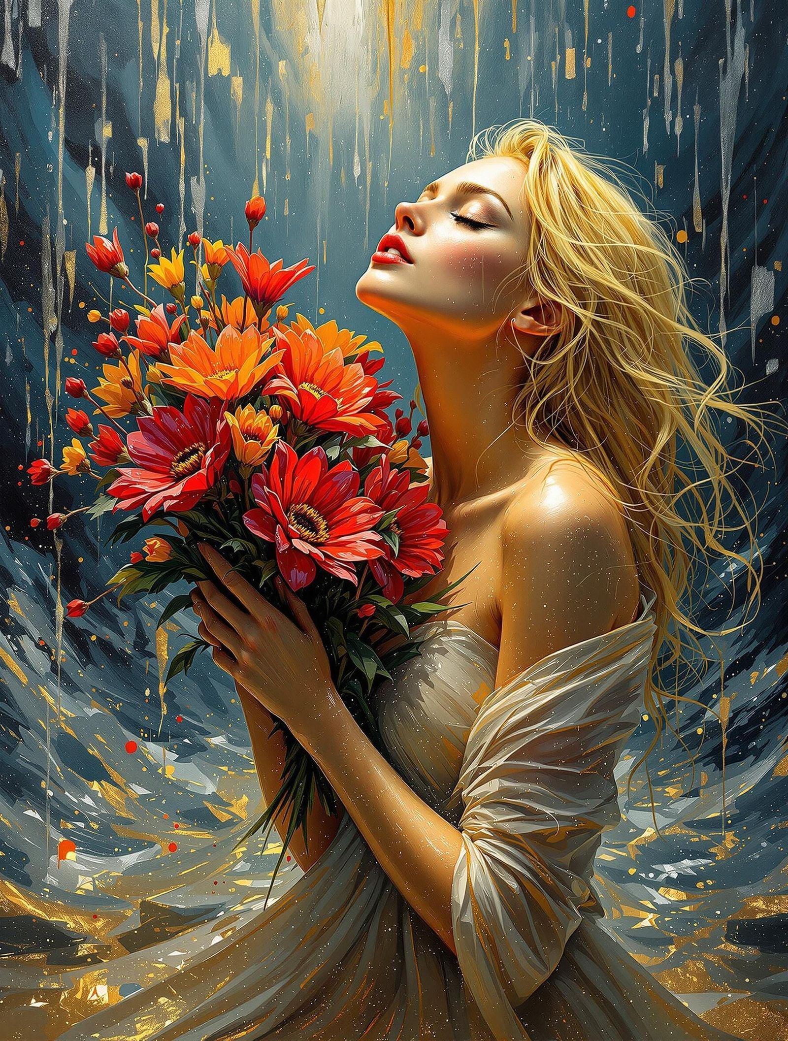 Impasto Oil Painting of a Blonde Woman in the Rain